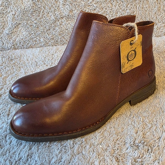 Born Lauryl Rich Leather Ankle Boots Booties 7.5M Brown Side Zip Womens NEW - Picture 1 of 6